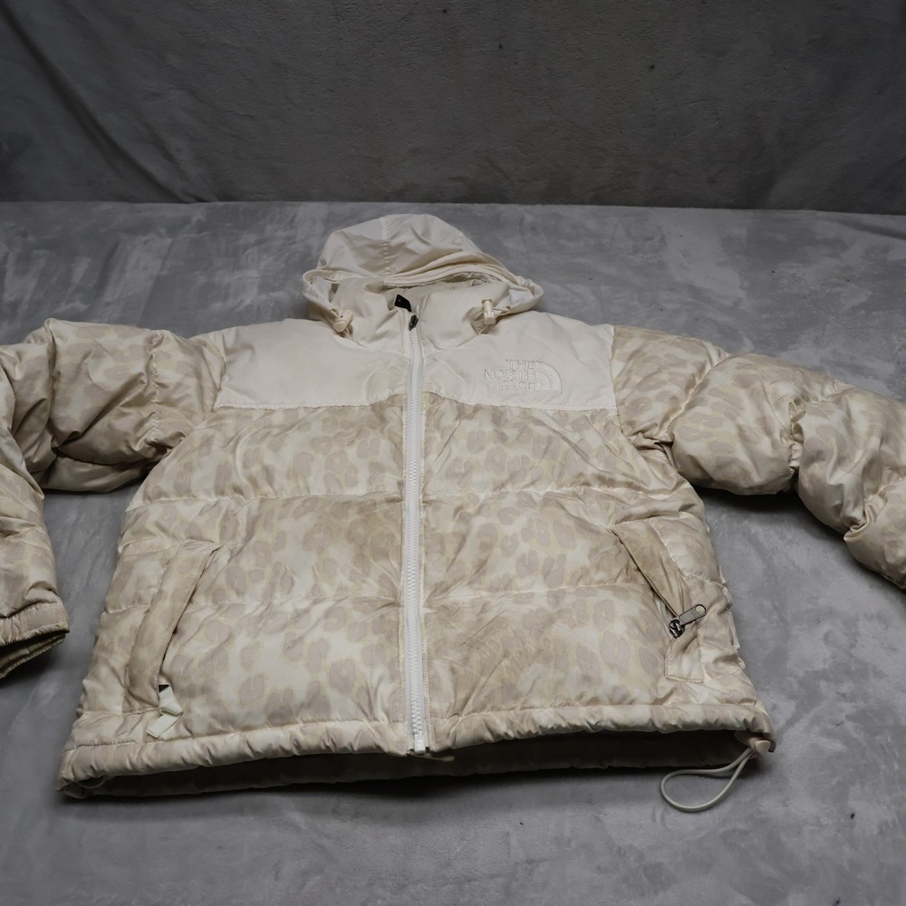 North Face Down Jacket Women Small White Leopard Nuptse Insulated Hooded Puffer